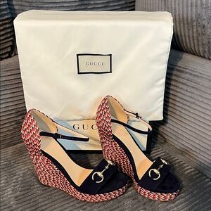 Gucci Navy and Red Woven Horsebit Wedge Sandals